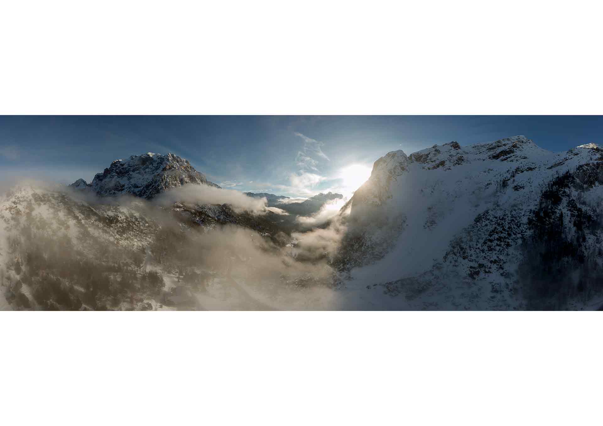 Foggy Vršič pass at winter sunset time